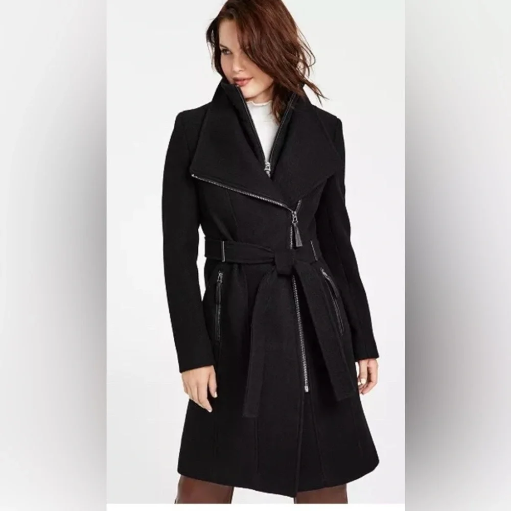 Calvin Klein Petite Wool Blend Black Wrap Coat - Picture 2 of 8